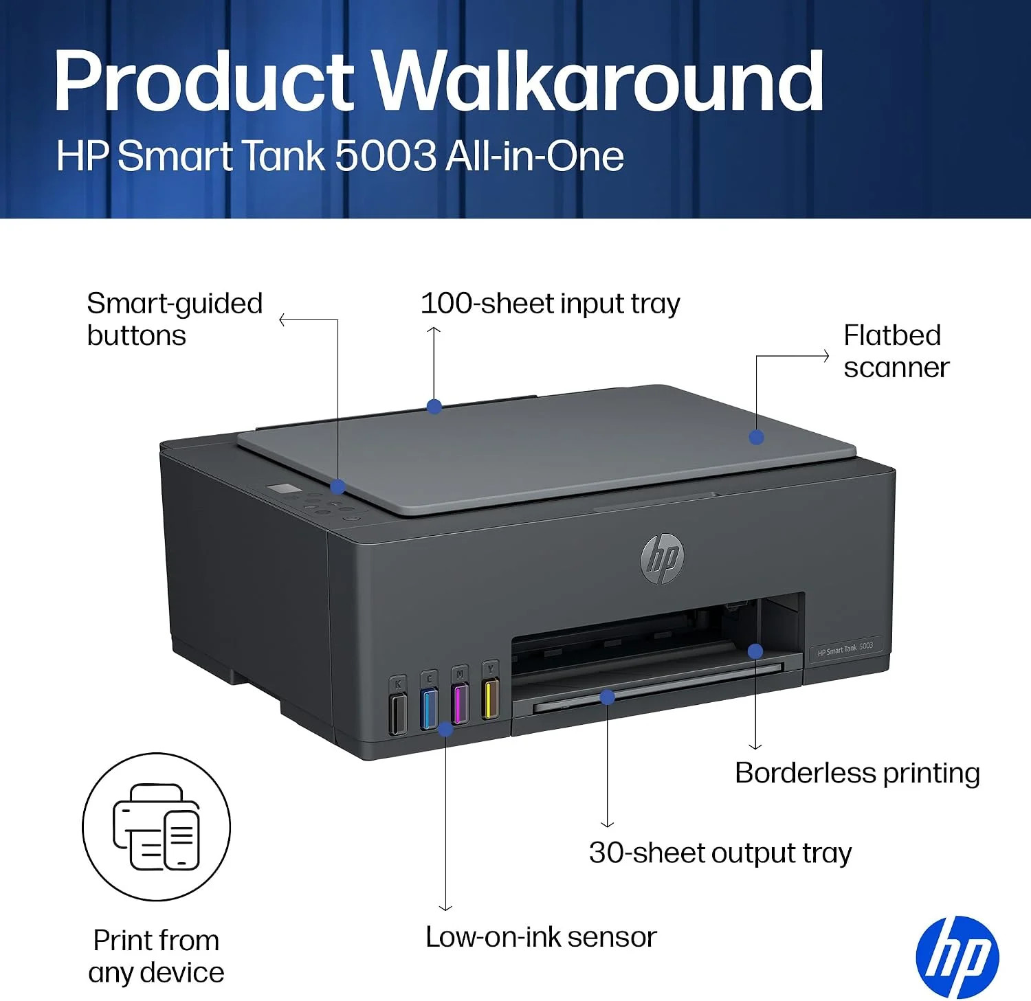 HP Smart Tank 5003 Wireless All-in-One Ink Tank Printer, Scanner, Copier with up