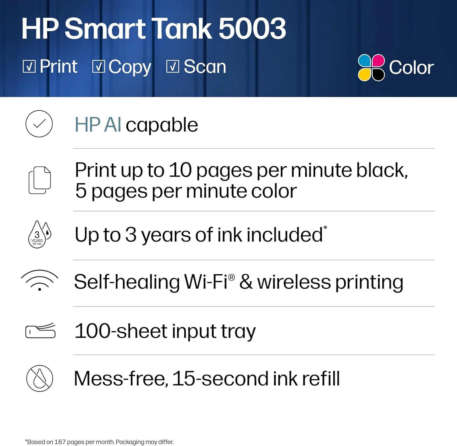 HP Smart Tank 5003 Wireless All-in-One Ink Tank Printer, Scanner, Copier with up