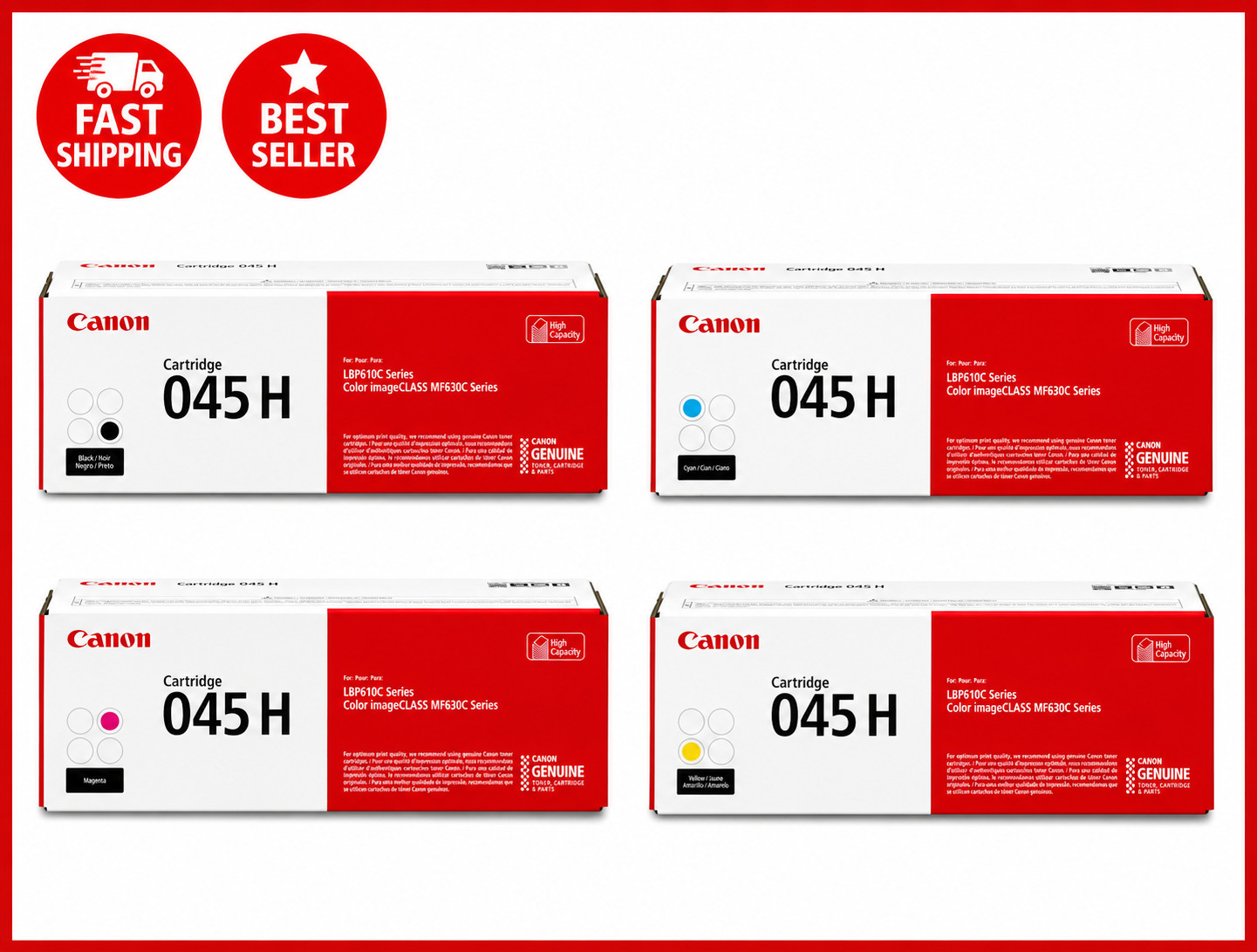 Canon 045H 4 Color Toner Set ( Black Cyan Magenta Yellow ) High Yield Cartridges