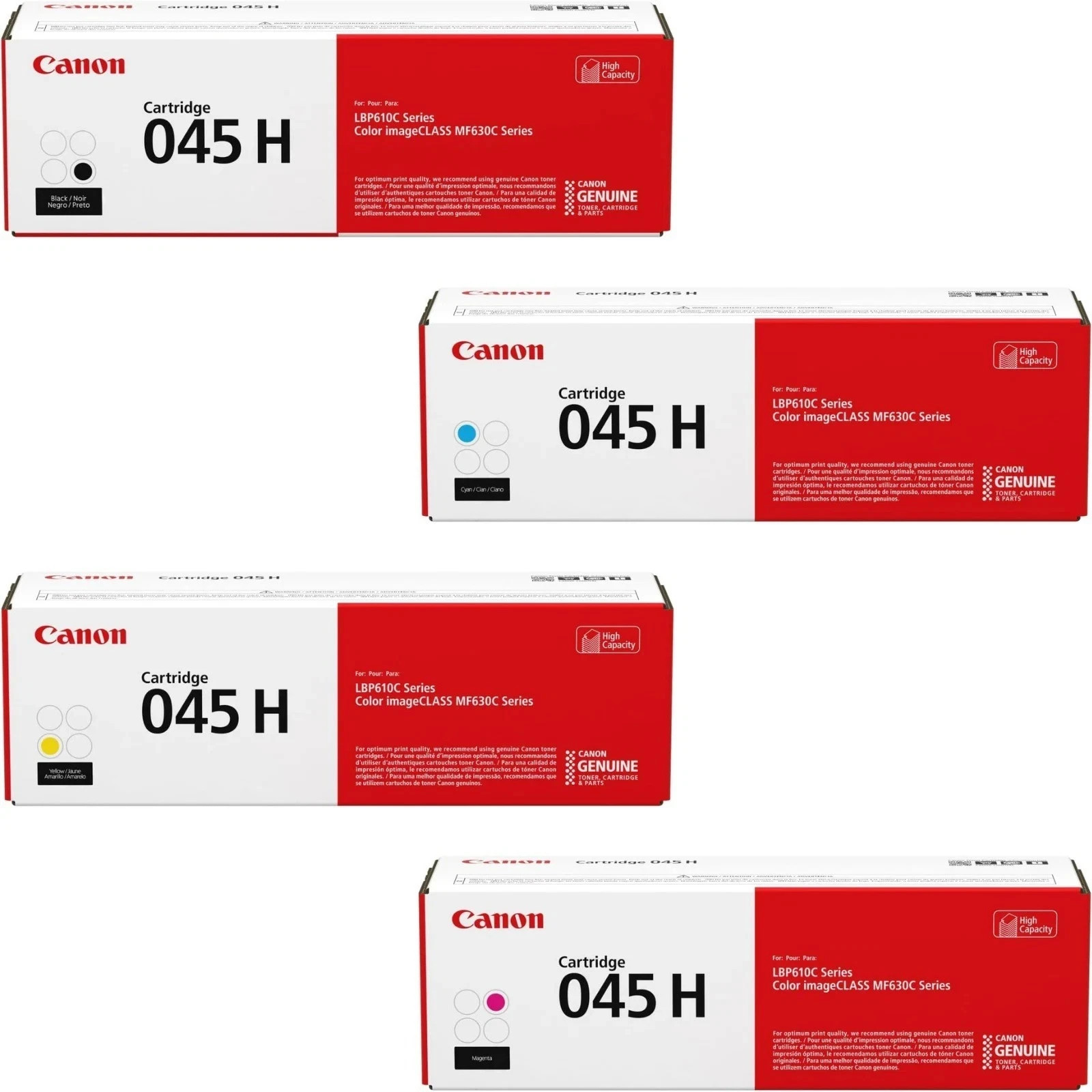Original Canon 045H Toner Set 4-Pack (High Yield) Black & Color Cartridge