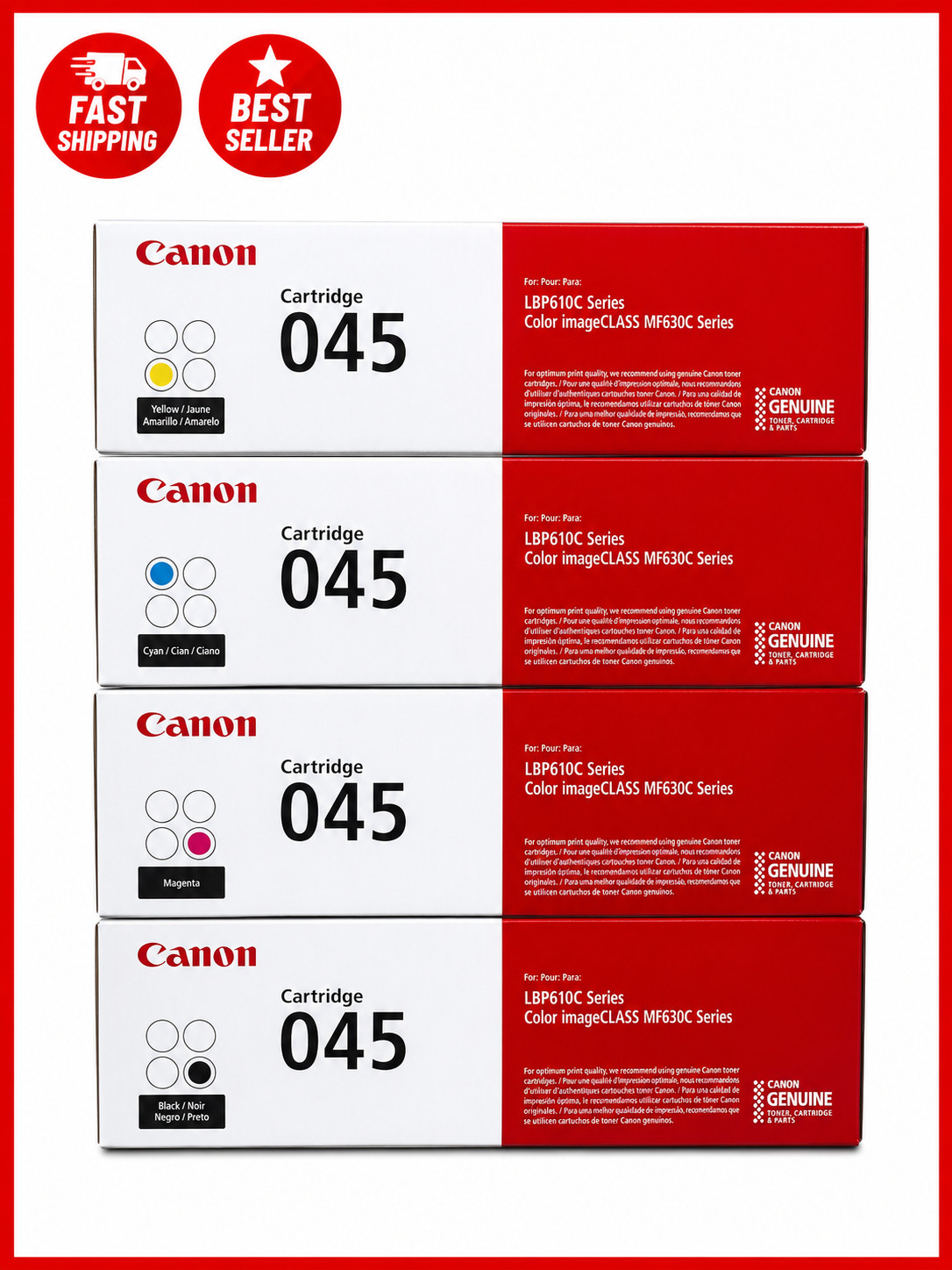 New Canon 045 4 Color Toner Set ( Black Cyan Magenta Yellow ) Toner Cartridges