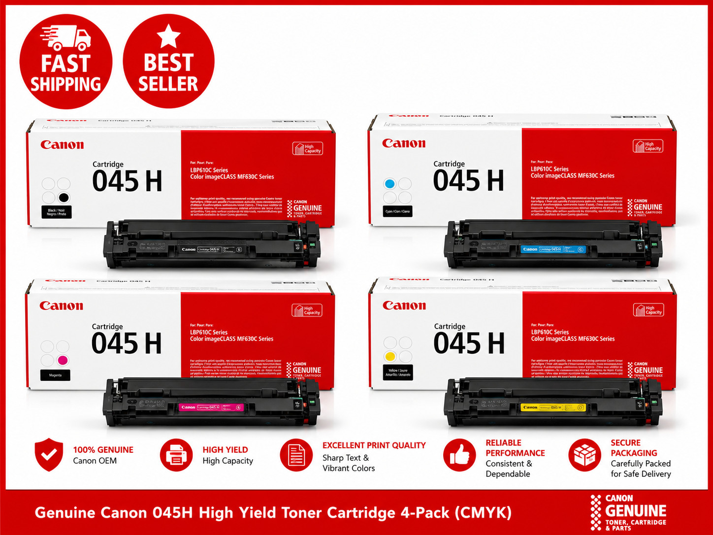 ✅ Canon 045H 4 Color Toner Set Black Cyan Magenta Yellow High Yield Cartridges